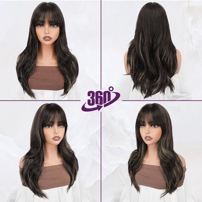 Lange braun-blonde Perücke mit Pony – 50cm, gewellt & natürlich