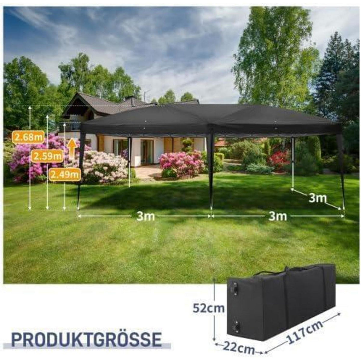 Bonnlo Gazebo 3x6m – Höhenverstellbares Partyzelt mit Seitenteilen