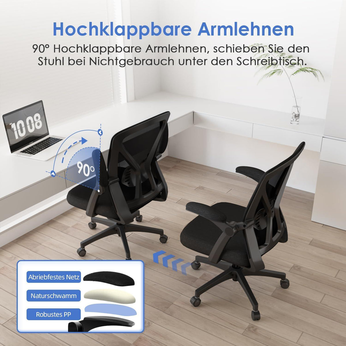 Hinonde Bürostuhl ergonomisch mit Wippfunktion und Armlehnen, bis 150 kg, atmungsaktiv