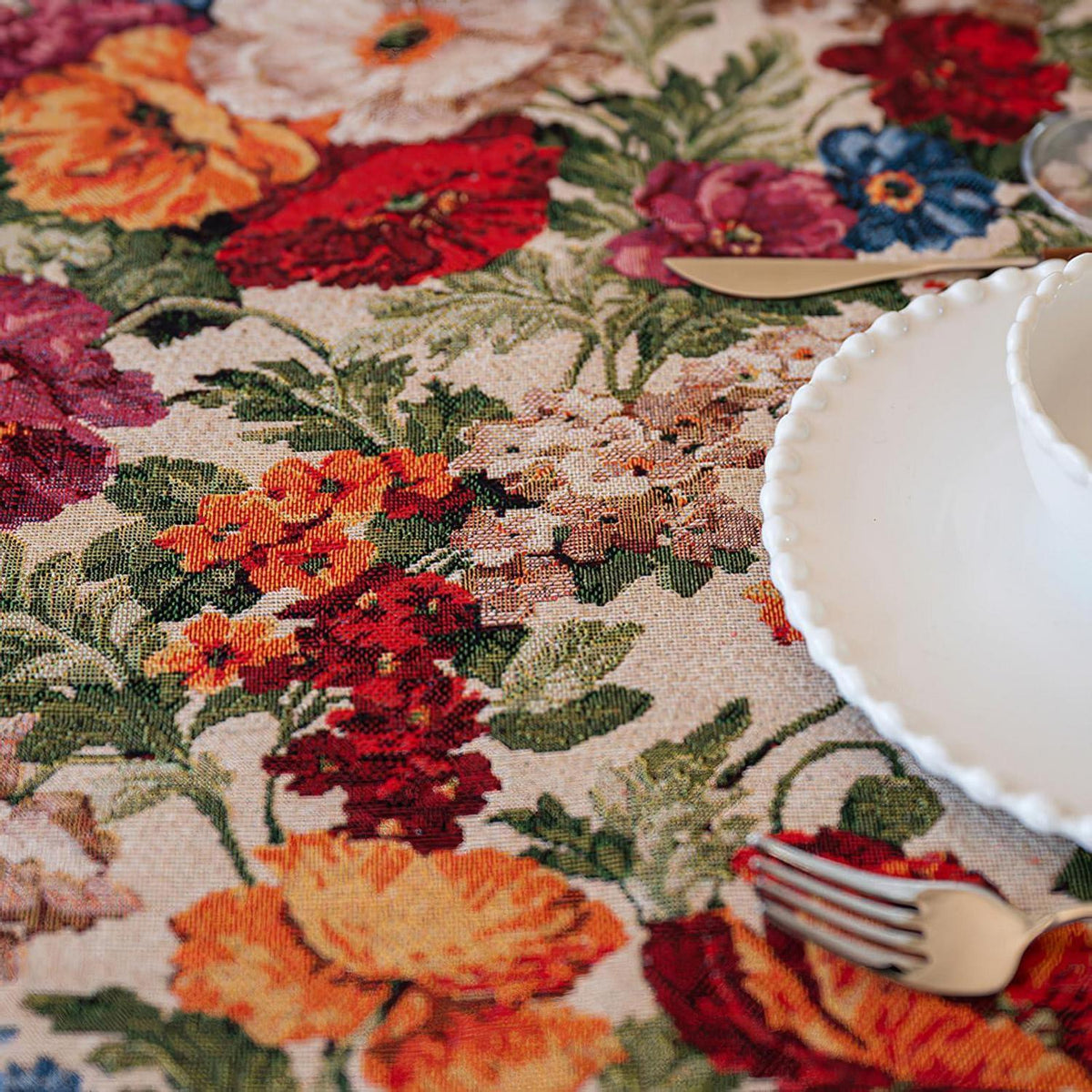 Vintage Blumen Tischdecke Rechteck mit Quasten & Leinen-Optik