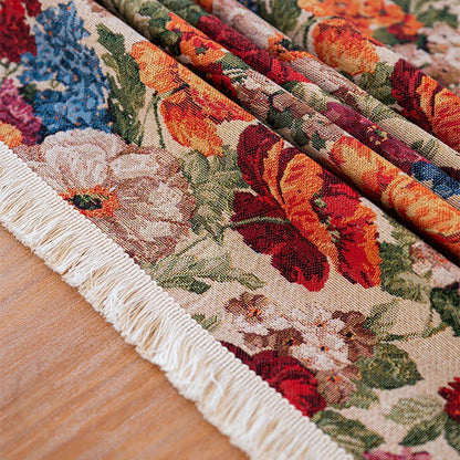 Vintage Blumen Tischdecke Rechteck mit Quasten & Leinen-Optik