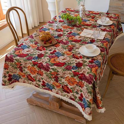 Vintage Blumen Tischdecke Rechteck mit Quasten & Leinen-Optik