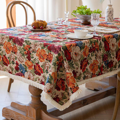 Vintage Tischdecke quadratisch Blume mit Quasten 90x90 cm