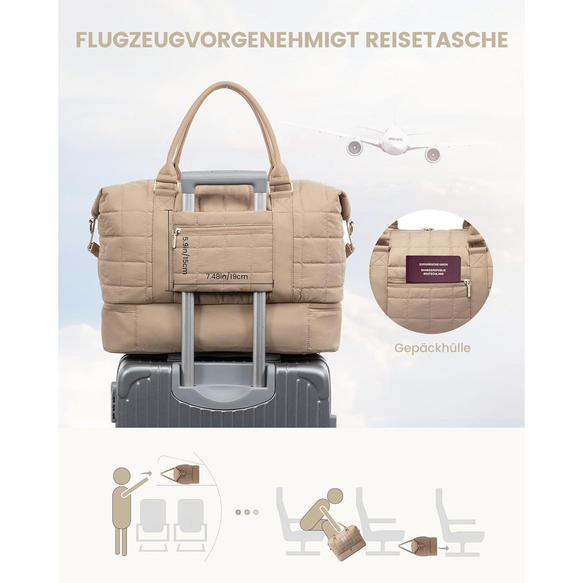 Reisetasche Damen Groß mit Schuhfach & Nassfach, Khaki