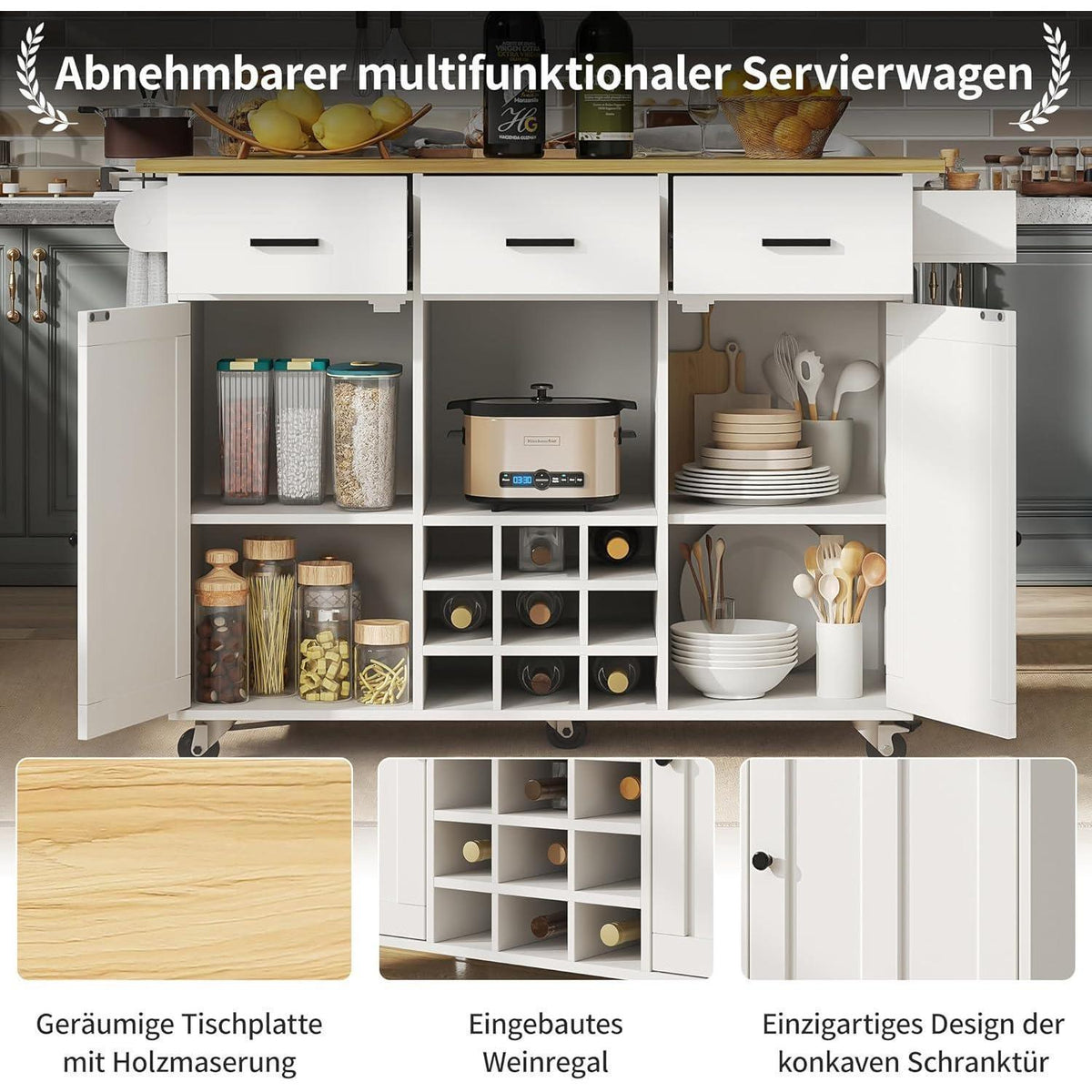 Bewegliche Kücheninsel mit abklappbarer Arbeitsplatte & Stauraum