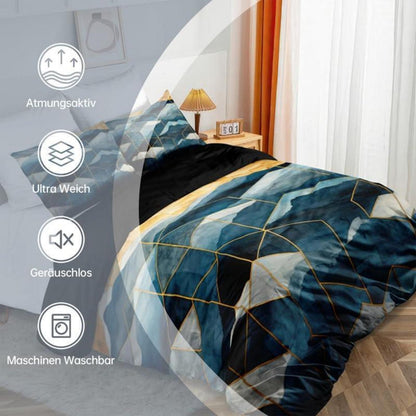 Marmor Bettwäsche Set Dunkelblau Gold 135x200cm 3D Effekt