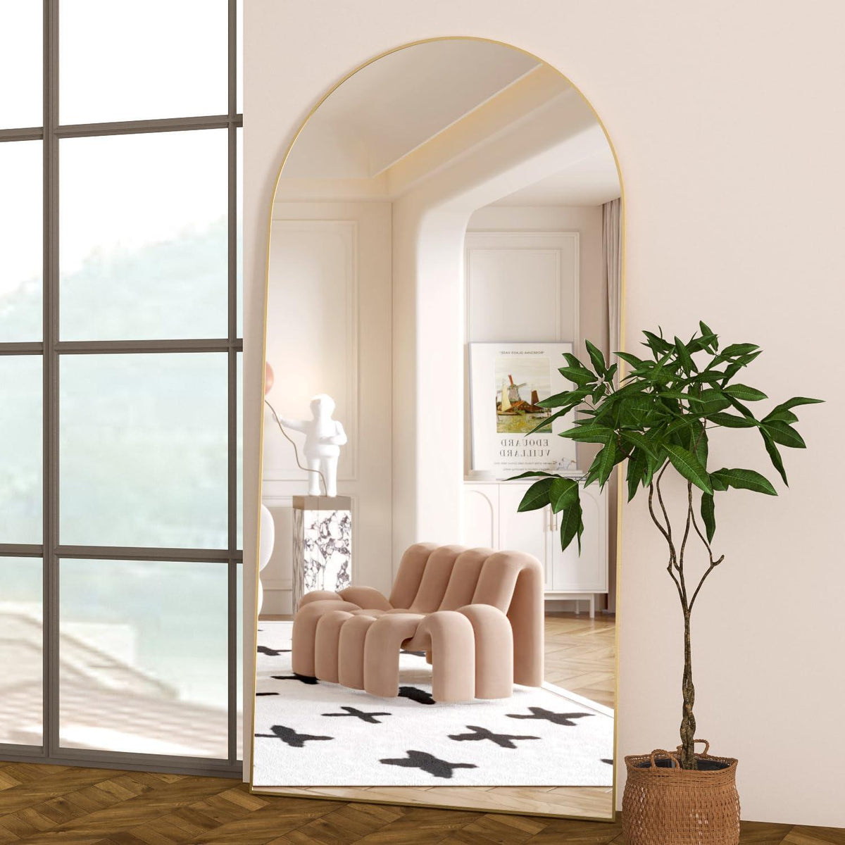 Gewölbter Ganzkörper Spiegel 193x86cm Gold – Stehend & Wandmontage