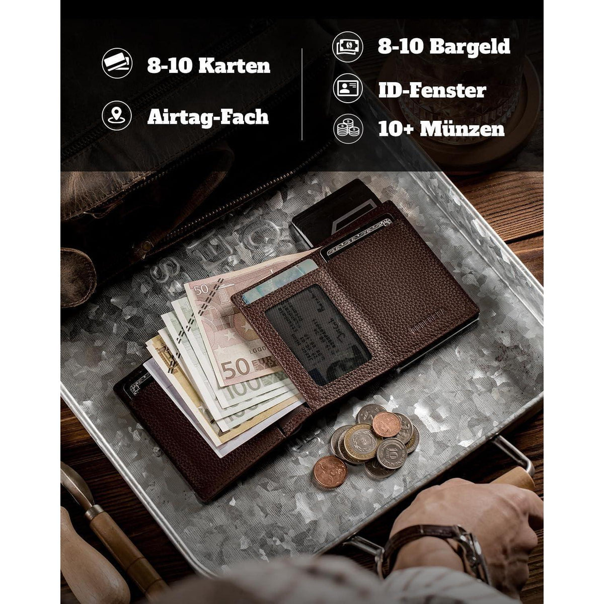 Geldbörse Herren Airtag mit XL Münzfach & RFID Schutz Braun