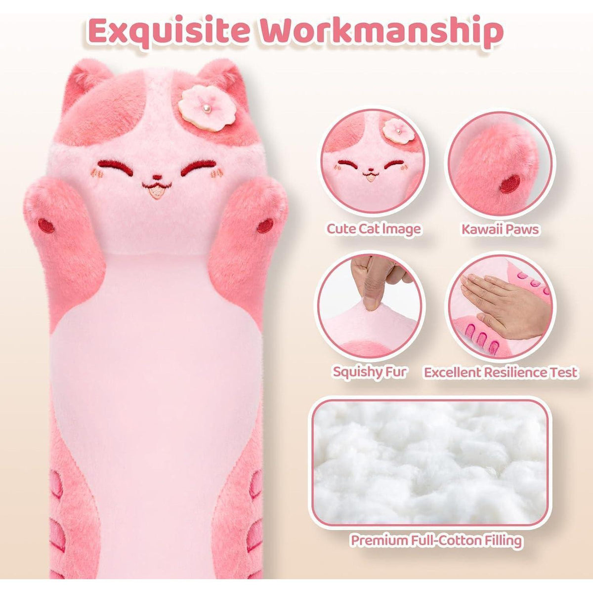 Langes Katzenkuschelkissen – Ultraweich, Rosa, 110cm – Perfektes Geschenk