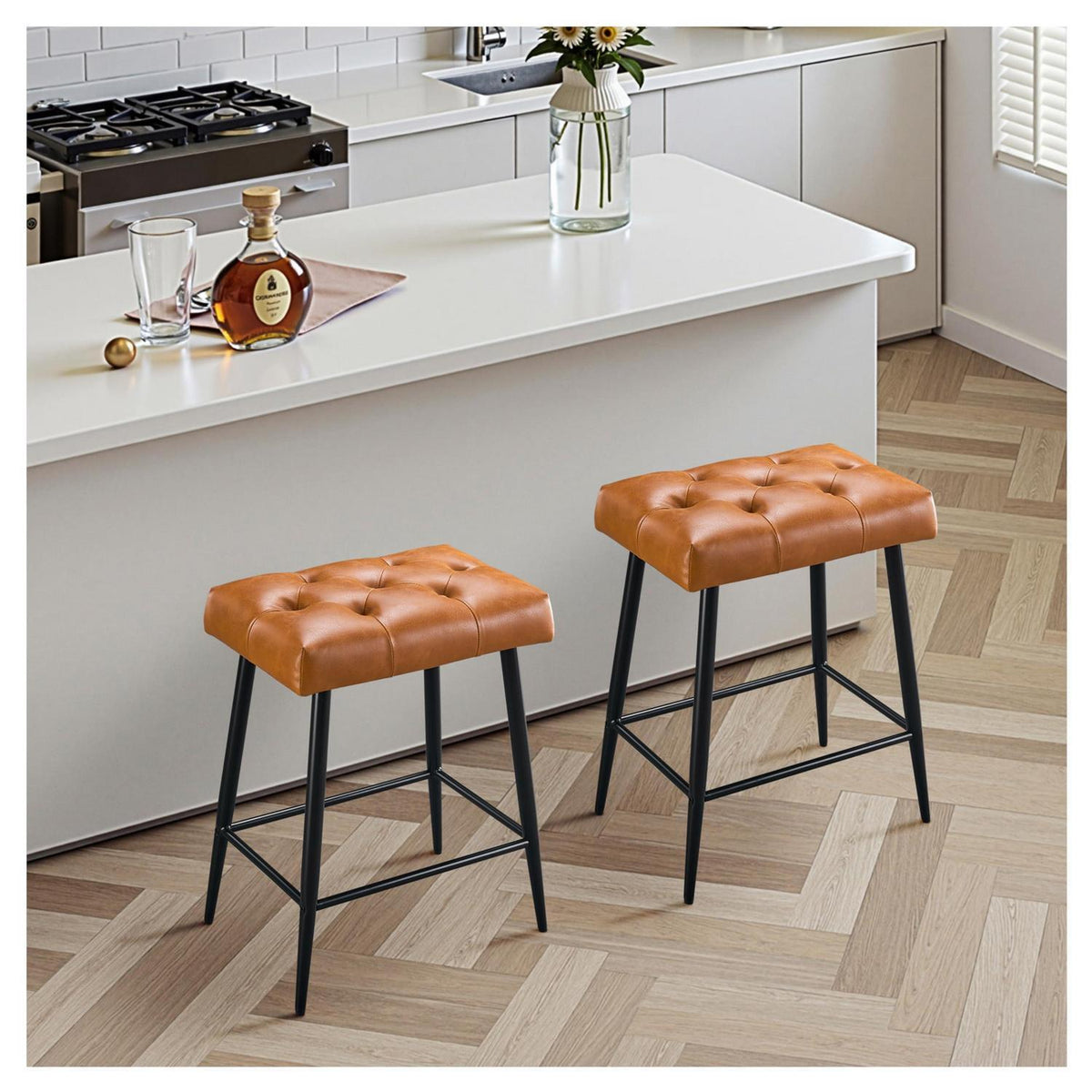 Barhocker 2er Set mit Fußstütze – Braun, Retro Stil