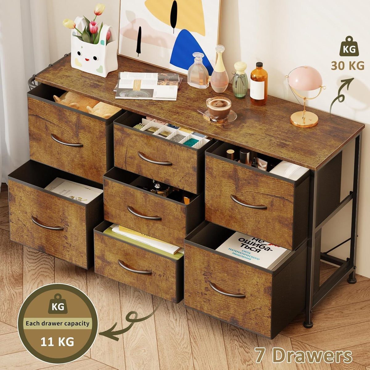 Flur Kommode mit 7 Schubladen – Rustikal Braun 100x30x55cm