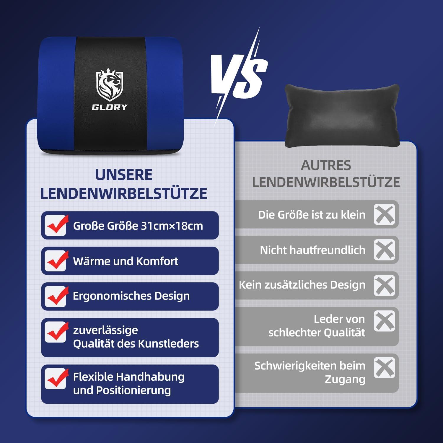 Ergonomischer Gaming Stuhl mit Fußstütze Kopf- und Lendenstütze Blau