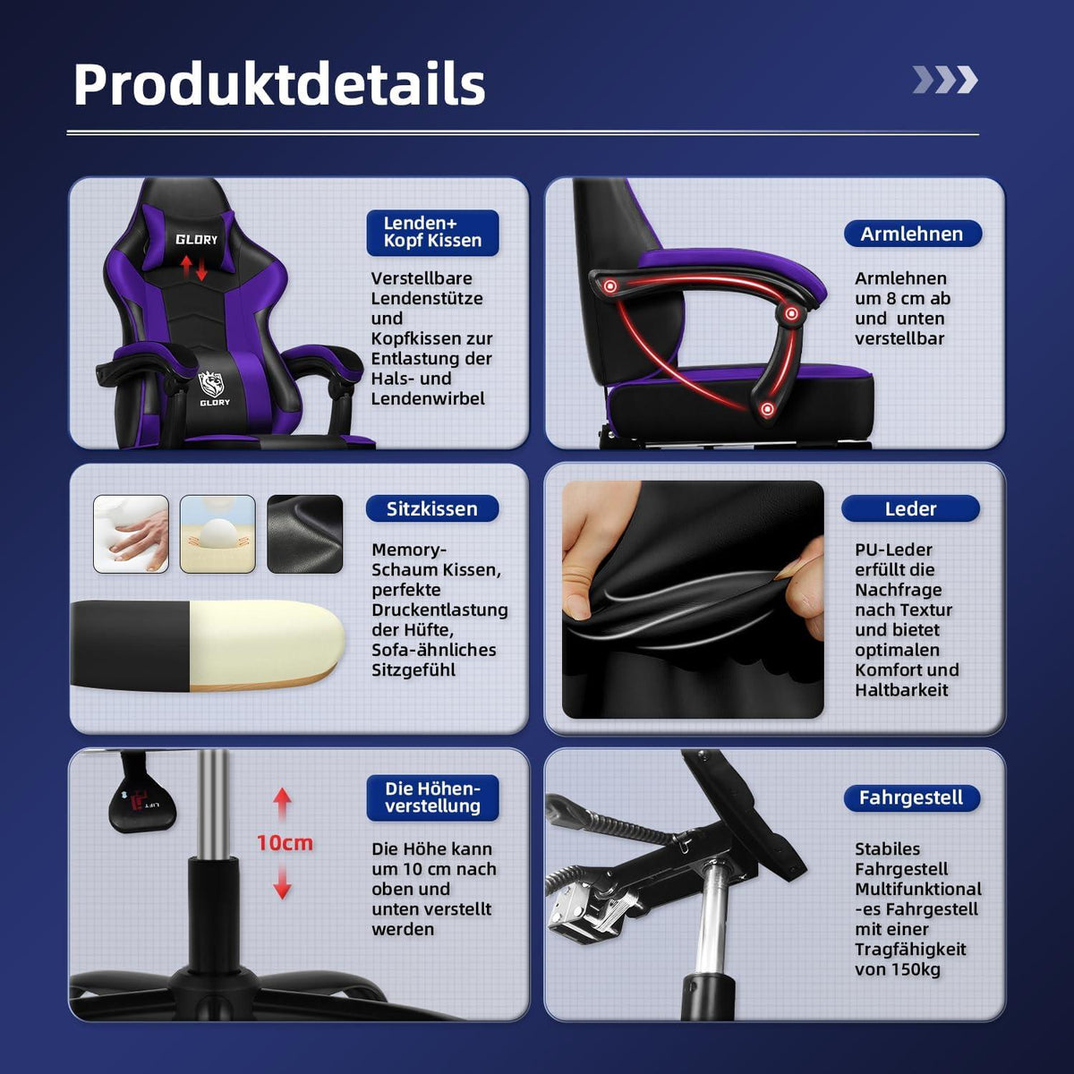 Gaming Stuhl Bürostuhl Ergonomisch mit Fußstütze Kopfstütze