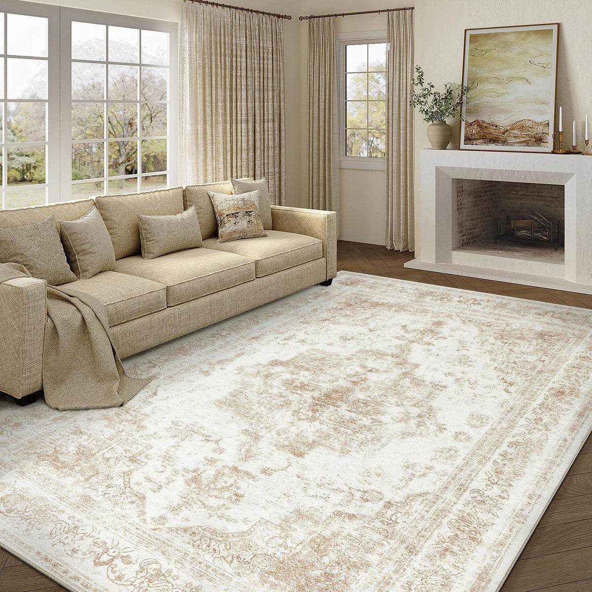 Vintage Creme Teppich 240x300cm Waschbar & Rutschfest