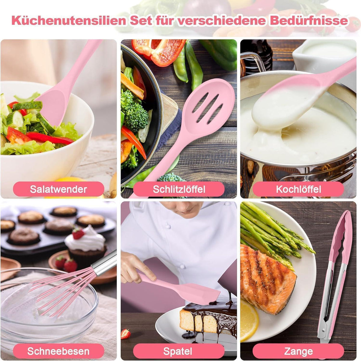 22-teiliges Silikon Küchenhelfer Set, Hitzebeständig, Pink Rosa