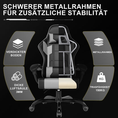 Ergonomischer Gaming Stuhl mit Massage Kopfstütze Lendenkissen 150kg Gray