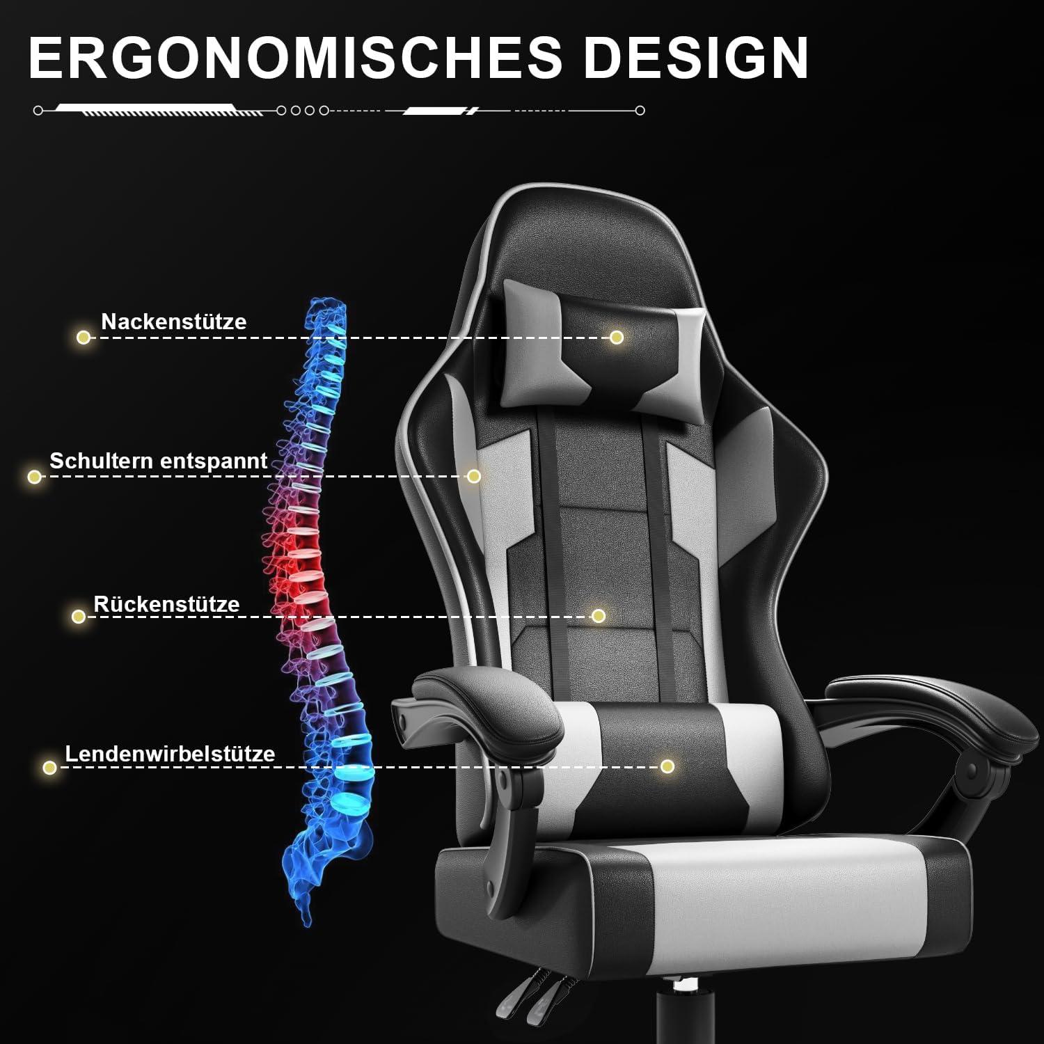 Ergonomischer Gaming Stuhl mit Massage Kopfstütze Lendenkissen 150kg Gray