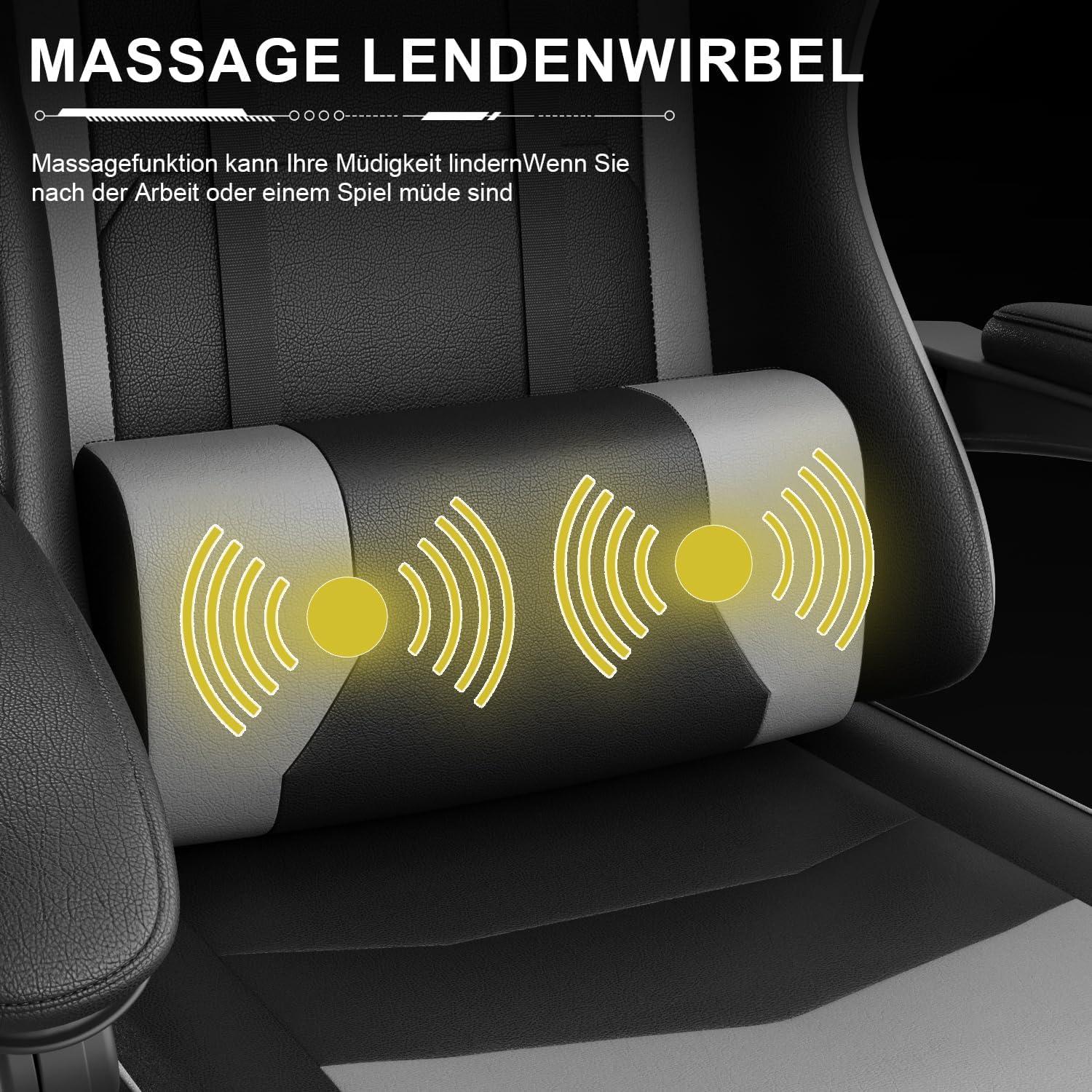 Ergonomischer Gaming Stuhl mit Massagefunktion und 150kg Kapazität, Grau