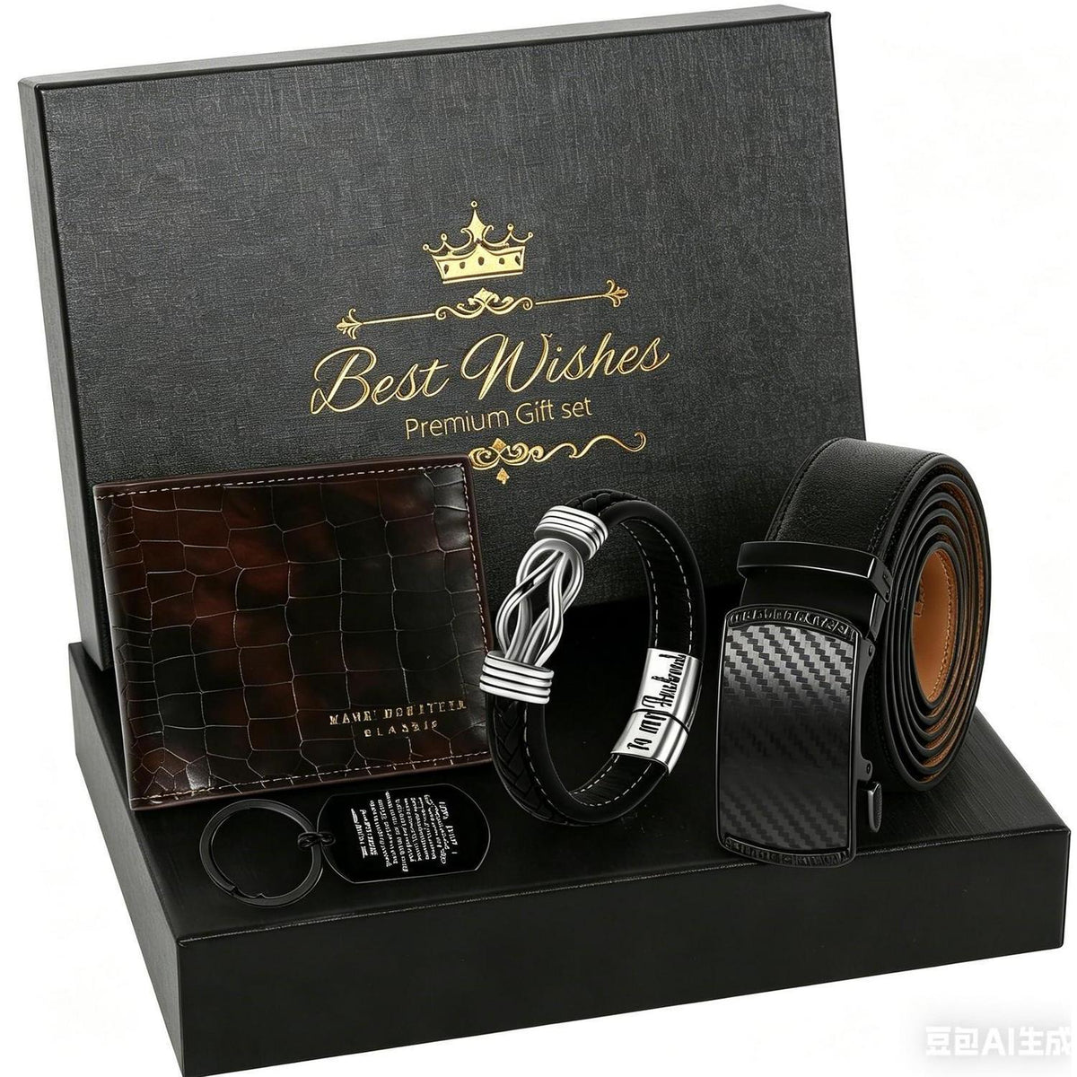 Geschenkset Herren: Gürtel, Brieftasche, Armband & Schlüsselanhänger