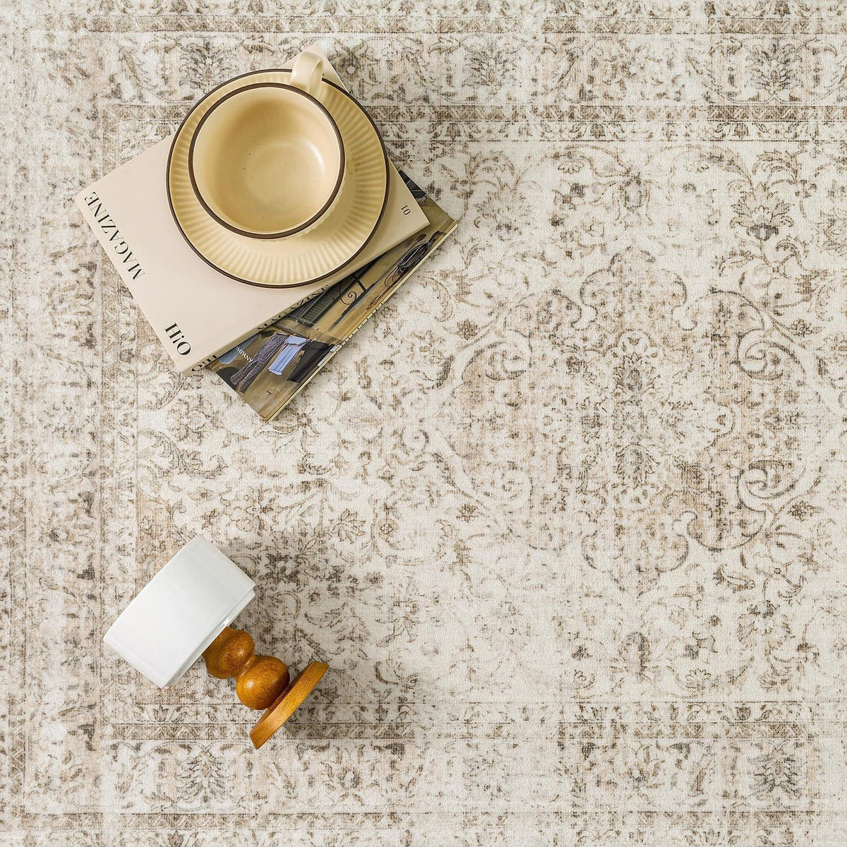 Vintage Teppich 240x300cm Beige – Waschbar & Rutschfest
