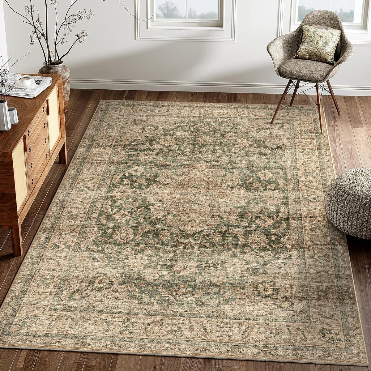 Vintage Teppich Grün 140x200cm Waschbar | Wohnzimmer Teppich
