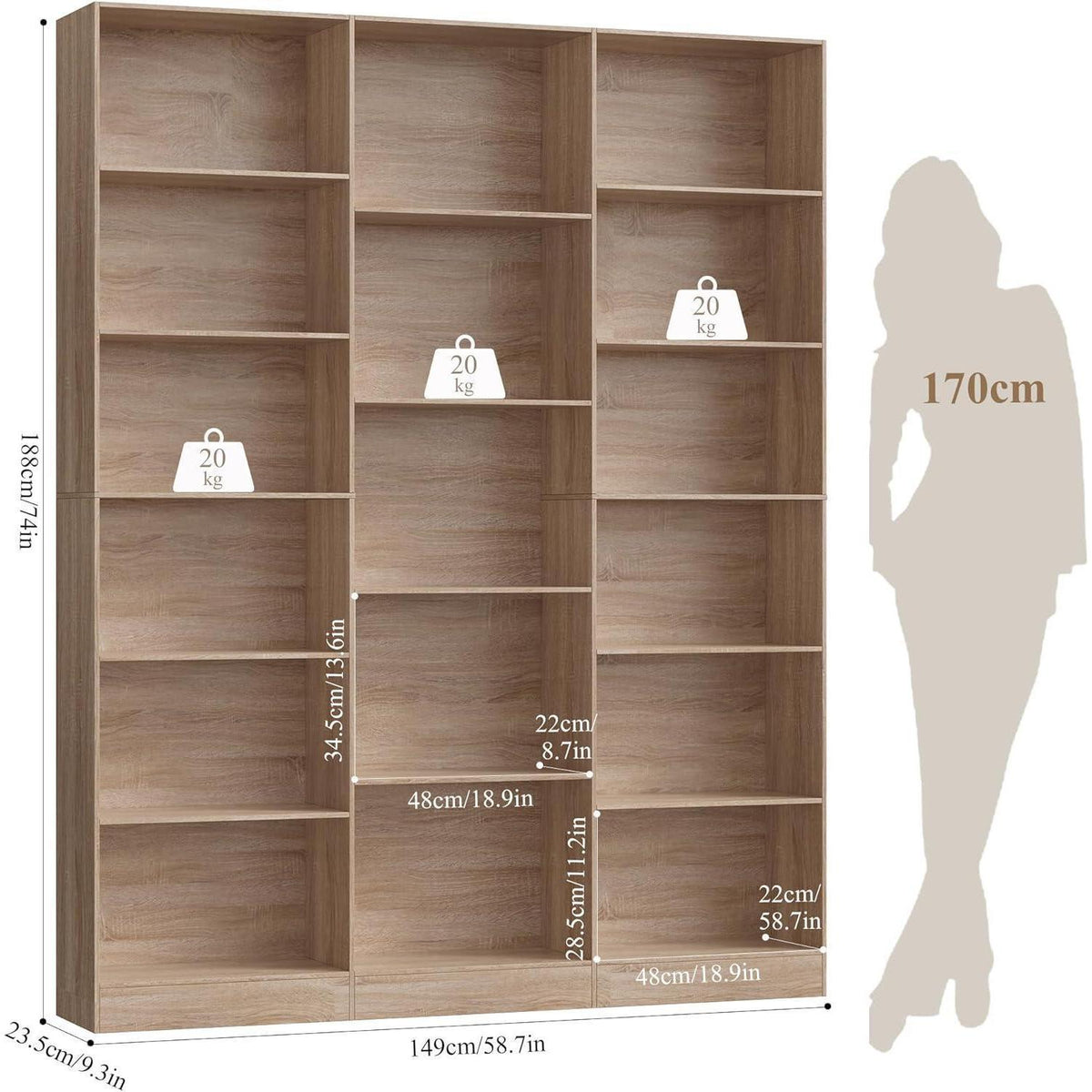 Bücherregal 188 cm mit 17 Fächern | Eiche | Standregal & Aufbewahrung