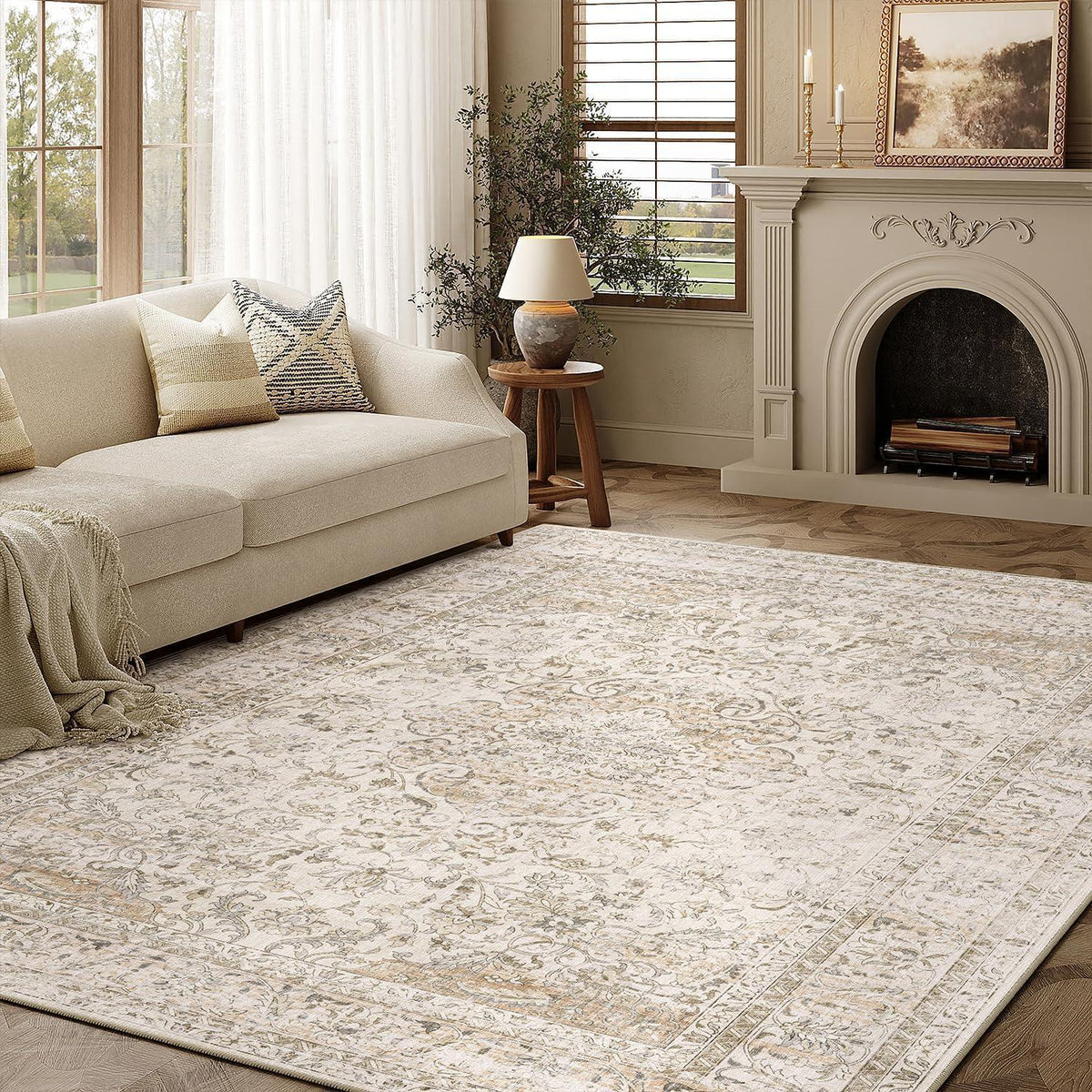 Vintage Teppich Beige 160x230cm – Waschbar & Rutschfest