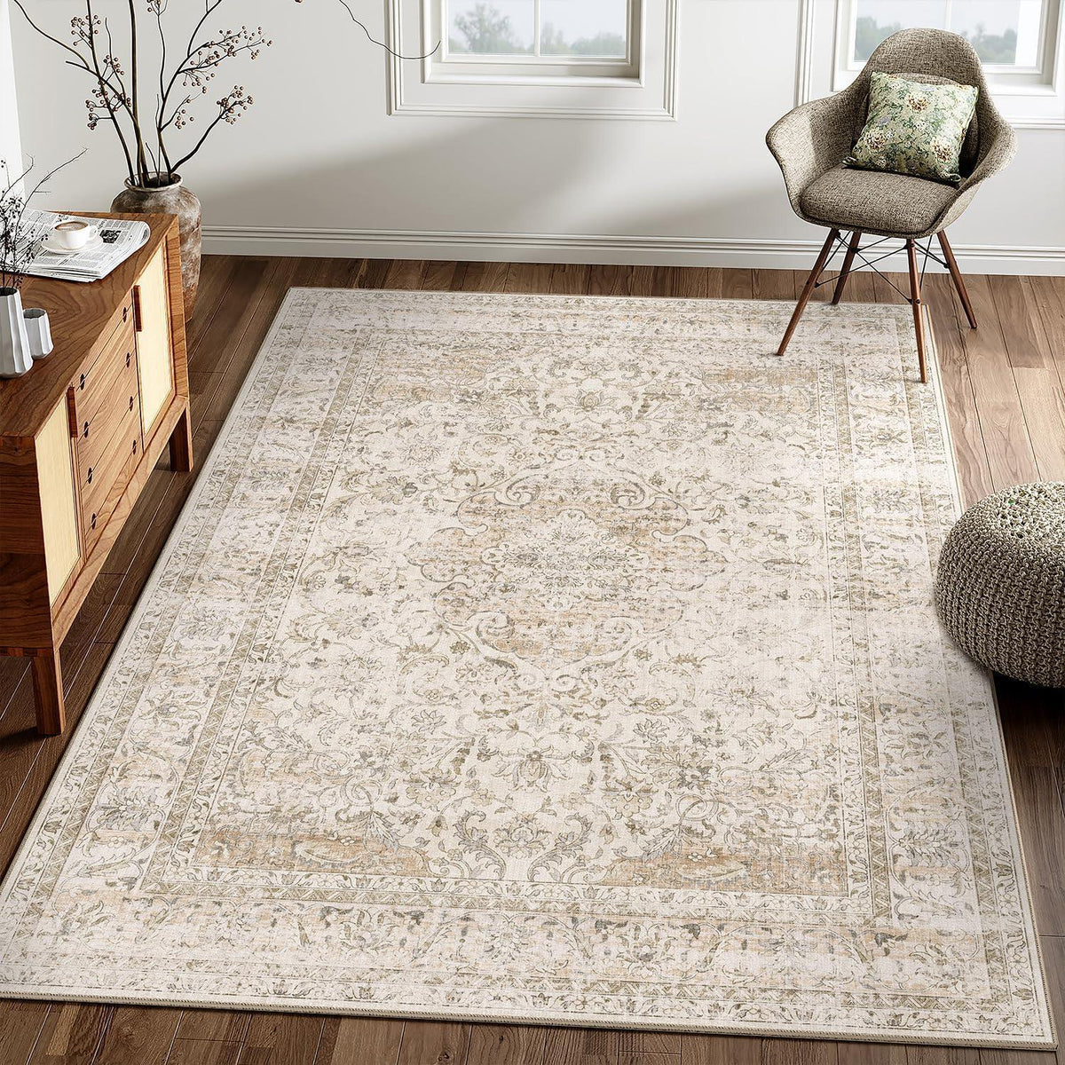 Vintage Teppich Beige 160x230cm – Waschbar & Rutschfest