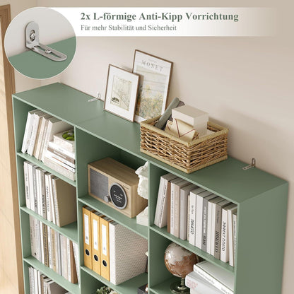Bücherregal 188 cm mit 17 Fächern – Grün, Standregal für Wohnzimmer