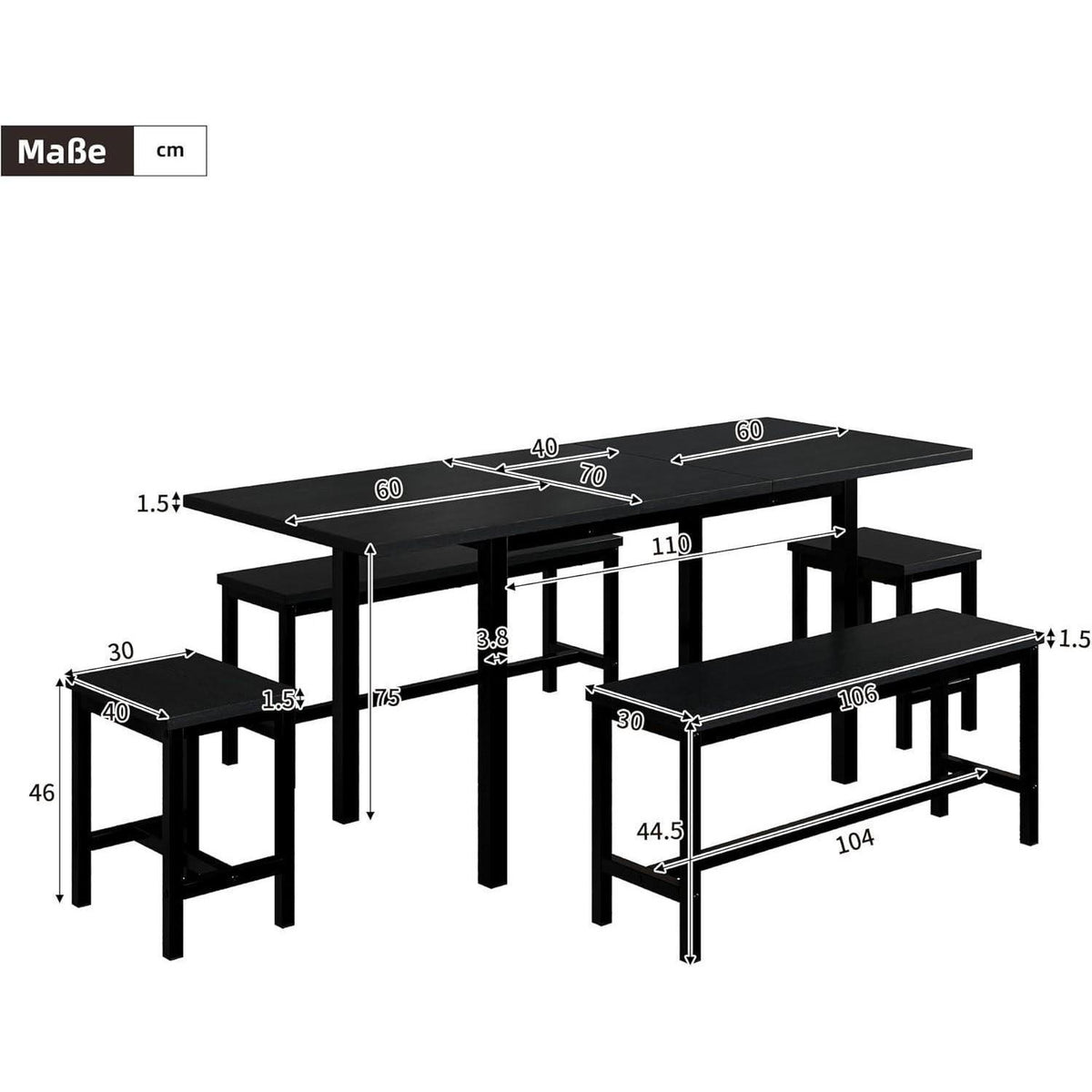 Ausziehbarer Esstisch Set mit 4 Stühlen – 160x70 cm