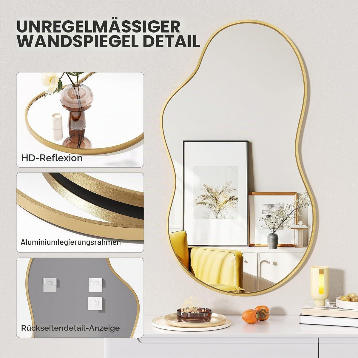 Asymmetrischer Wandspiegel Gold 50x90cm - Dekorativer Raumspiegel