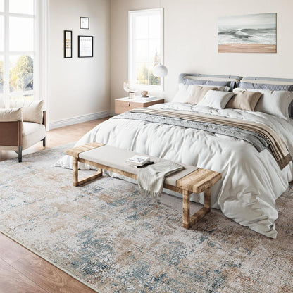 Beiger Blau Teppich Wohnzimmer 150x210cm – Waschbar & Rutschfest
