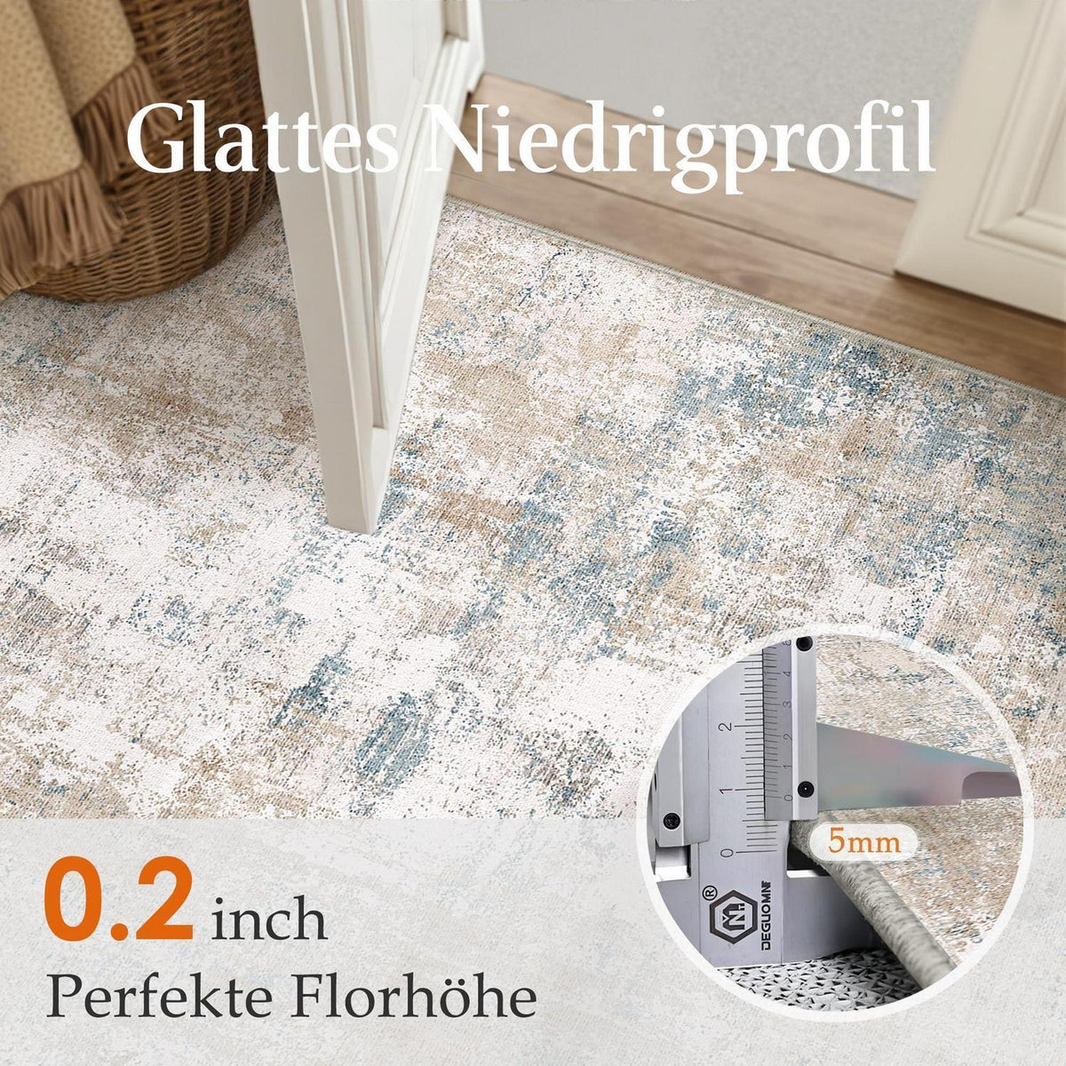Beiger Blau Teppich Wohnzimmer 150x210cm – Waschbar & Rutschfest
