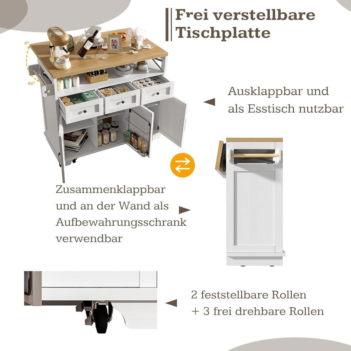 Kücheninsel mit Rollen & Schubladen – Freistehend Weiß