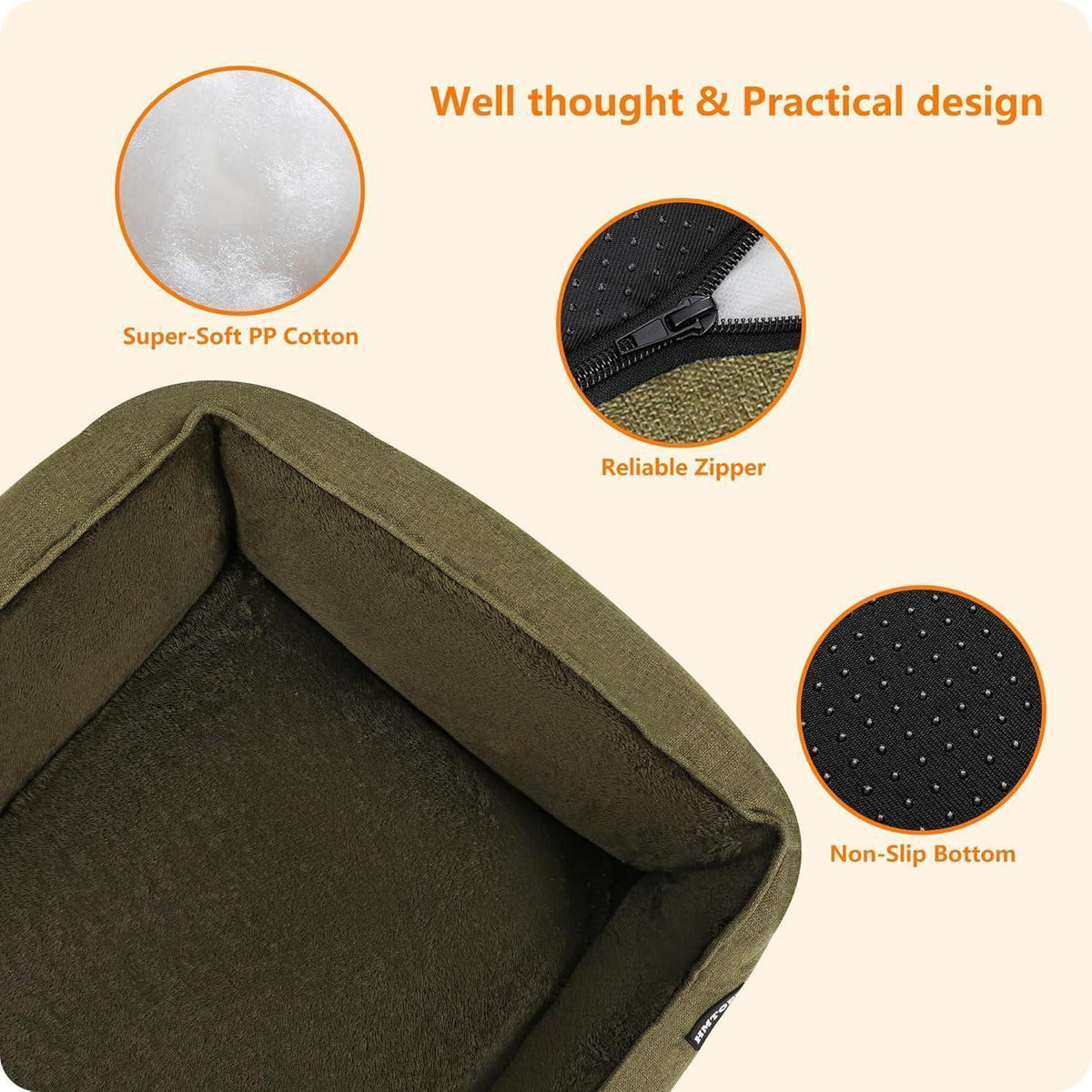 Hundebett mit erhöhtem Rand, abnehmbar und waschbar, Olivgrün