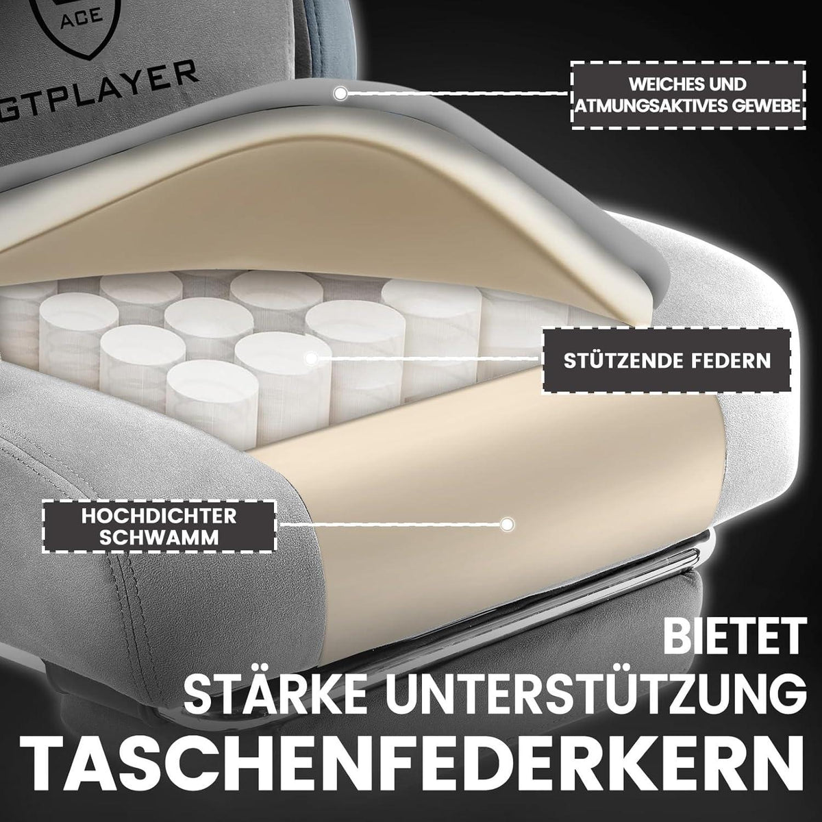 Gaming Stuhl mit Fußstütze, 150kg Belastbarkeit, Grau