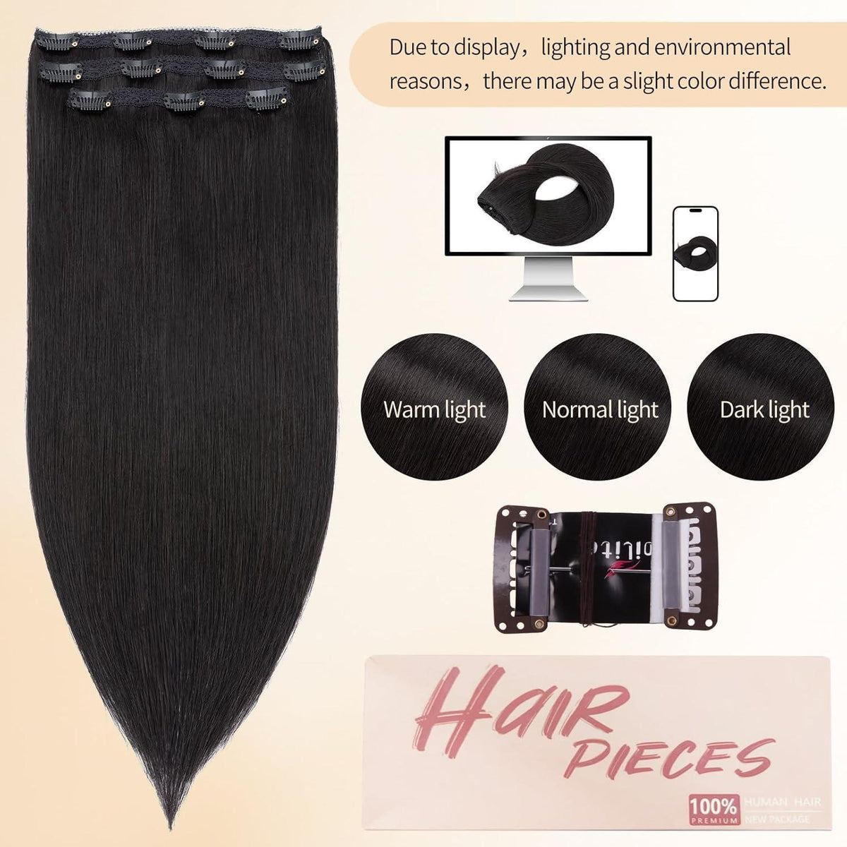 Echthaar Clip-in Extensions Schwarz 50cm - 80g