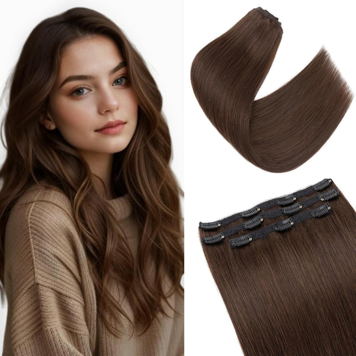 Clip-in Haarverlängerung Dunkelbraun 45cm Echthaar