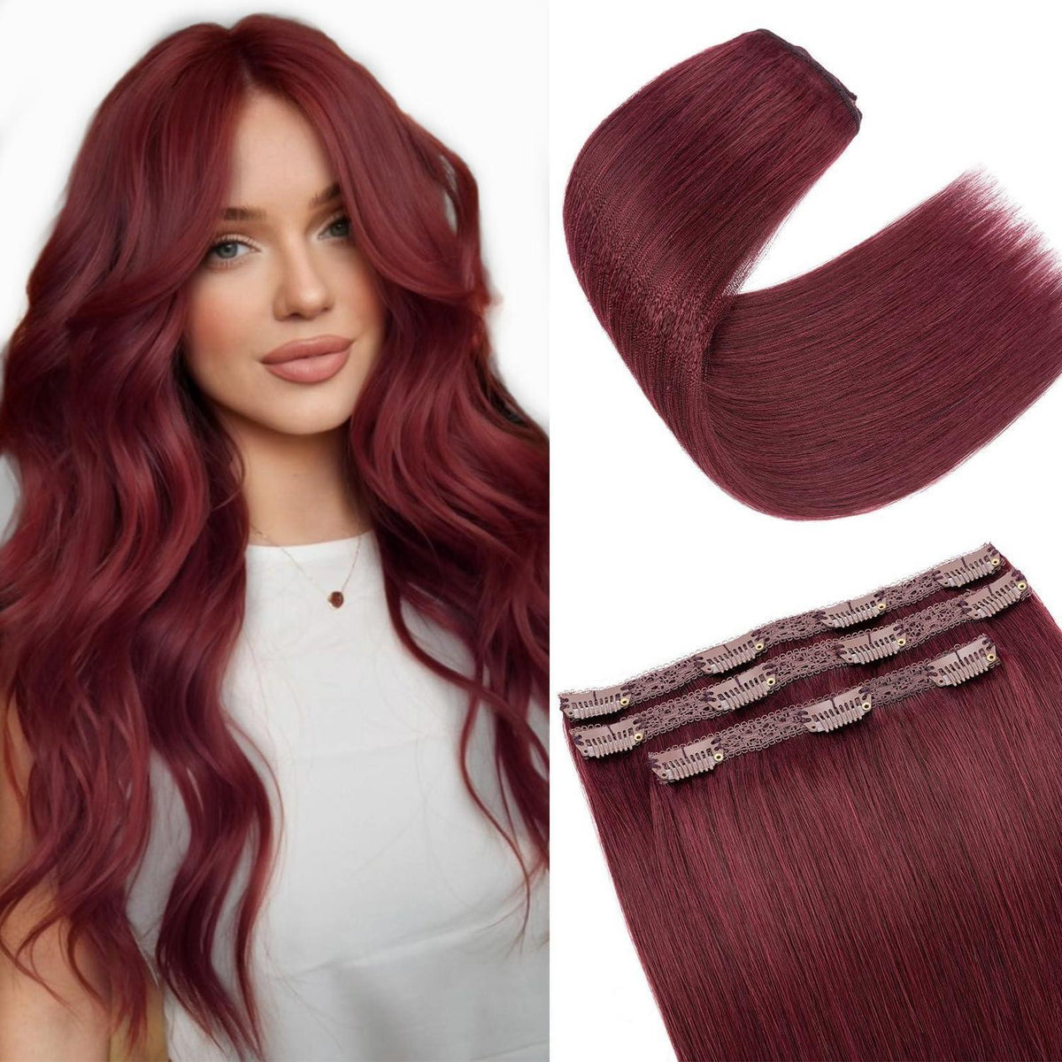 Echthaar Clip-in Extensions Weinrot 55cm – 3er Set