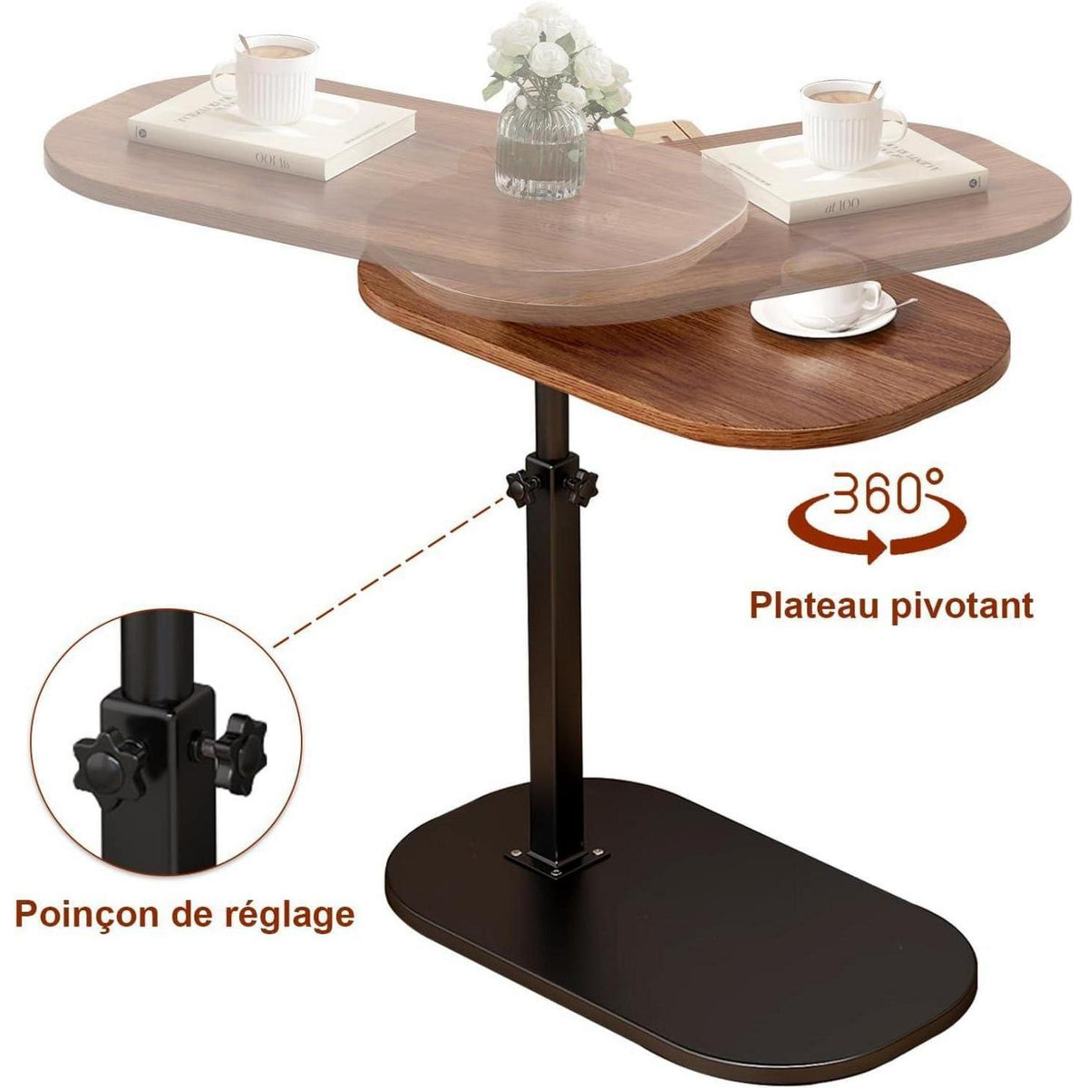 Höhenverstellbarer C-Form Beistelltisch 360° drehbar – Couchtisch Schwarz