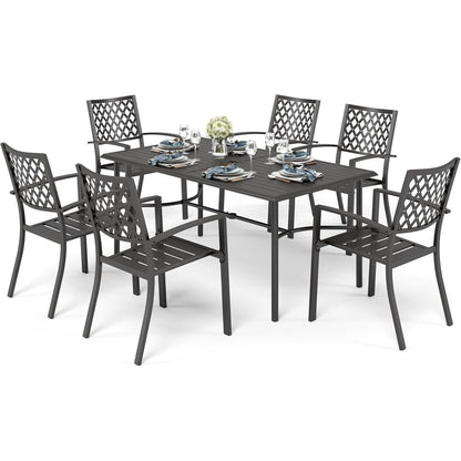 Gartenmöbel Set 6 Personen Metall Rechteckiger Tisch Stapelstühle Schwarz