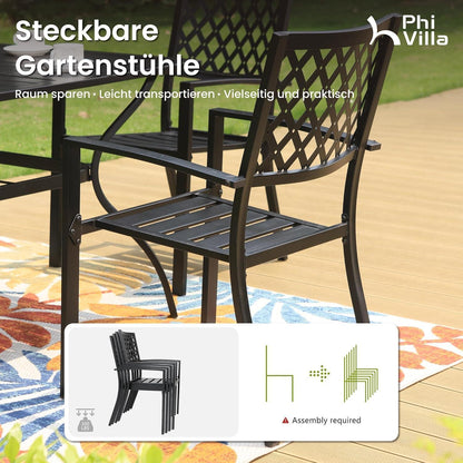 Gartenmöbel Set 6 Personen Metall Rechteckiger Tisch Stapelstühle Schwarz