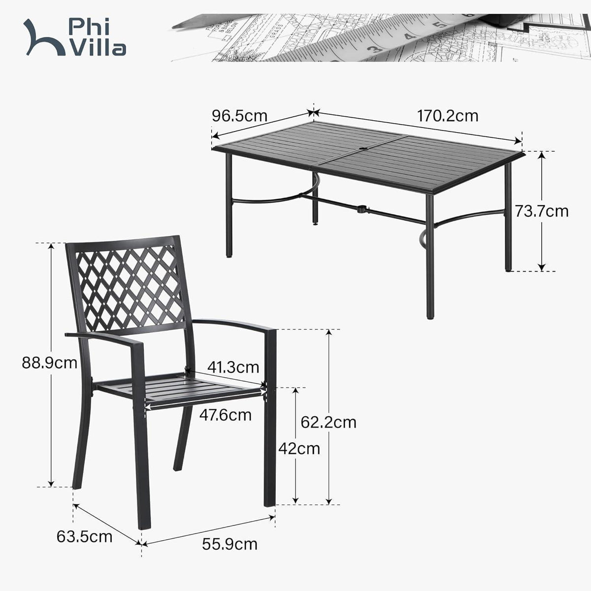 Gartenmöbel Set 6 Personen Metall Rechteckiger Tisch Stapelstühle Schwarz