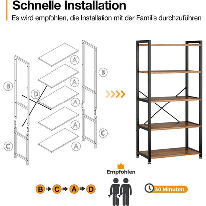 5-Etagen Bücherregal Braun – Stehendes Regal für Büro & Wohnzimmer