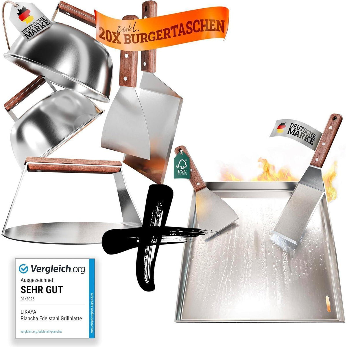 Edelstahl Plancha Grillplatte 40x40cm mit Burger Master Set