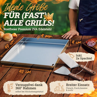 Edelstahl Plancha Grillplatte 40x40cm mit Burger Master Set