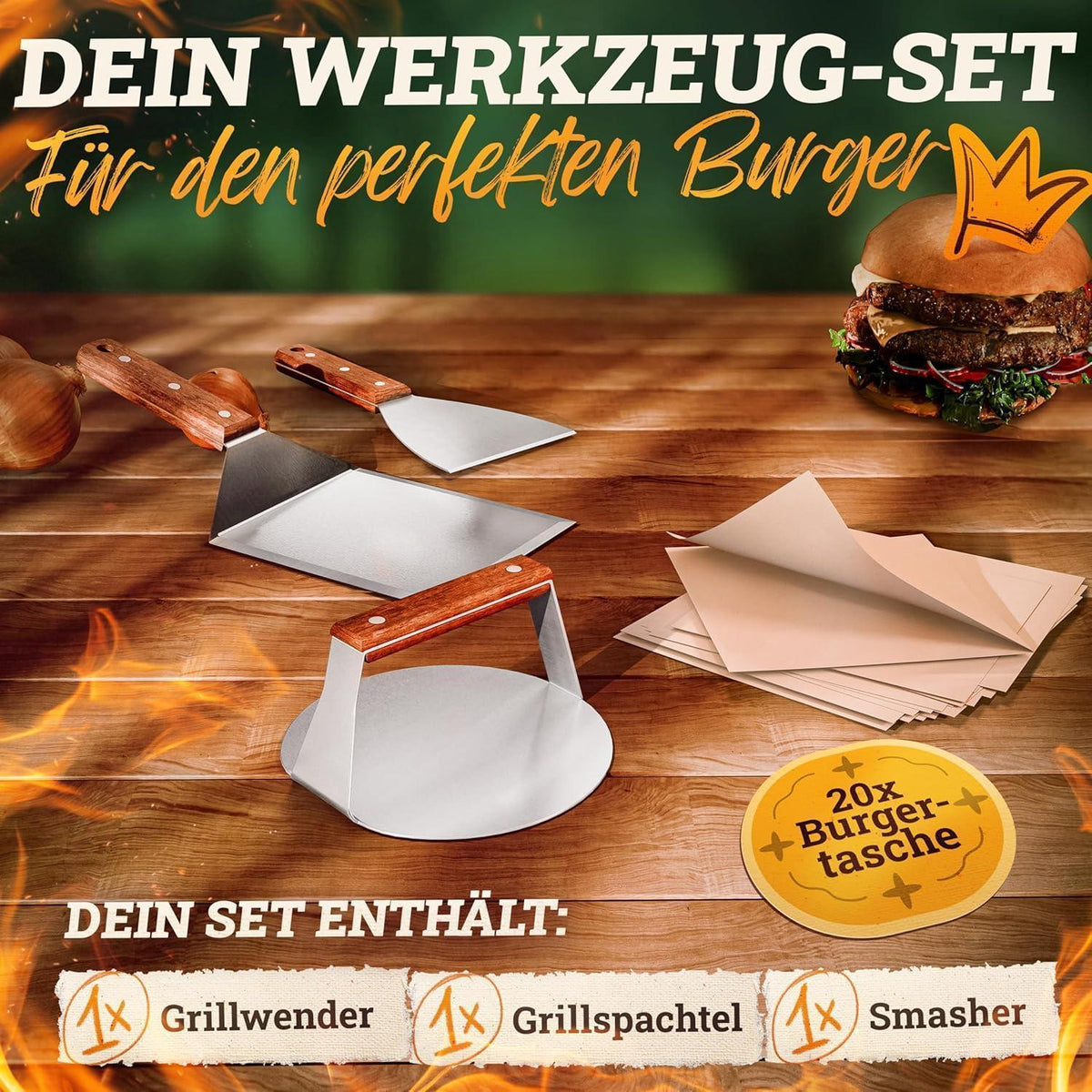 Edelstahl Plancha Grillplatte 40x40cm mit Burger Smasher Set