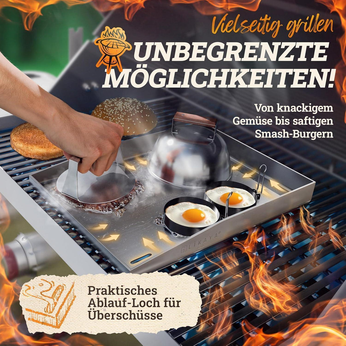 Edelstahl Plancha Grillplatte 40x40cm mit Burger Smasher Set