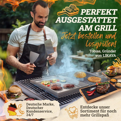 Edelstahl Plancha Grillplatte 40x40cm mit Burger Smasher Set