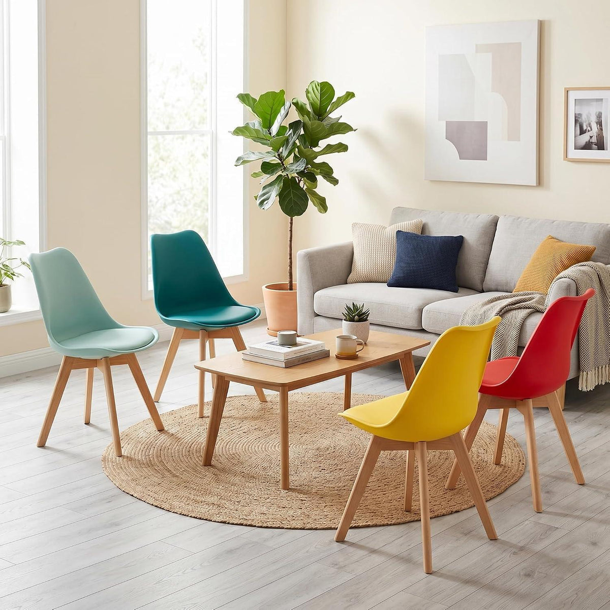 8er Set Esszimmerstühle Skandinavisch mit Sitzkissen & Holzbeinen